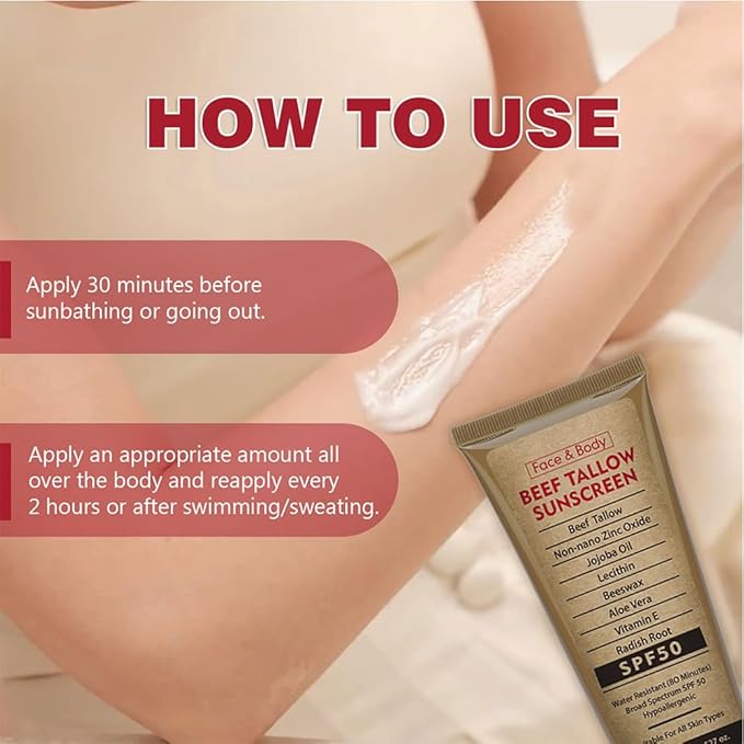 Beef Tallow Sunscreen for Face & Body: SPF 50 Zinc Oxide Sunblock, Non-Greasy Clean Formula, Sun Balm for Summer Outdoor Travel
