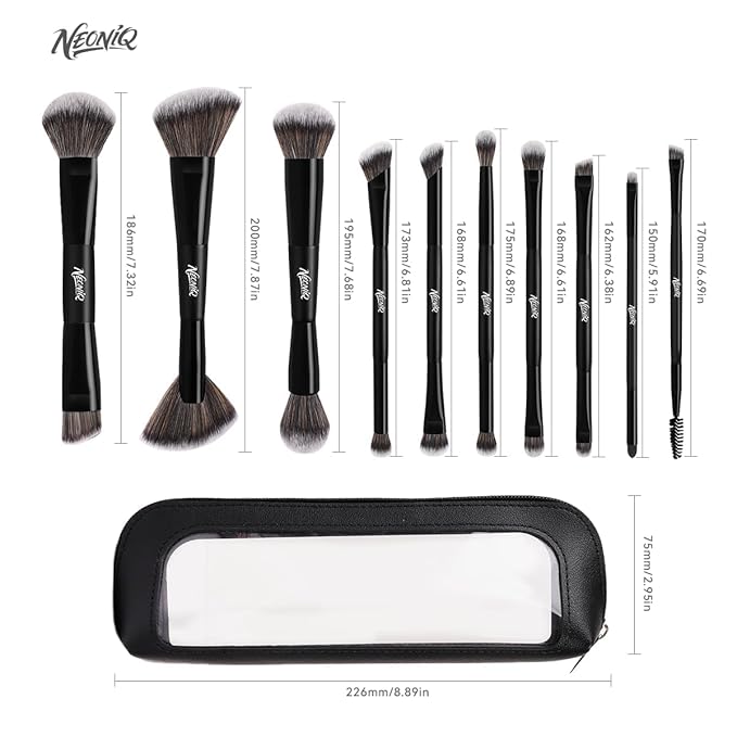 10 PCS Travel Makeup Brush Set With Bag, Makeup Brushes, Double-End Multi-functional Brushes for Foundation Powder Blush Eyeliner Eyeshadows, Professional Face Brush Set（Black）