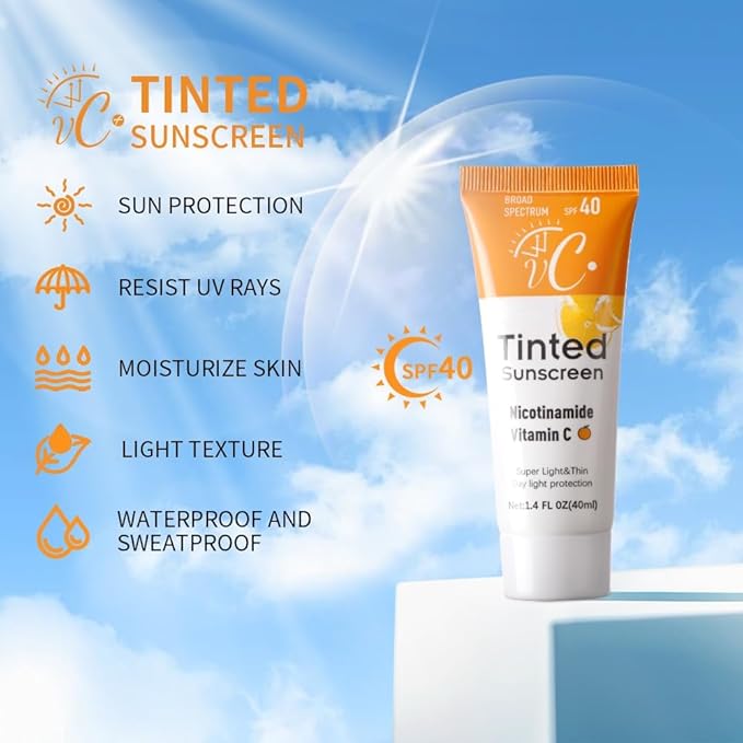 Colored Vitamin C Sunscreen 1.4 fl oz, Broad Spectrum SPF 50, Lightweight Face Lotion for Daily Use, Protection Against UVA/UVB Rays, Non-Greasy Formula