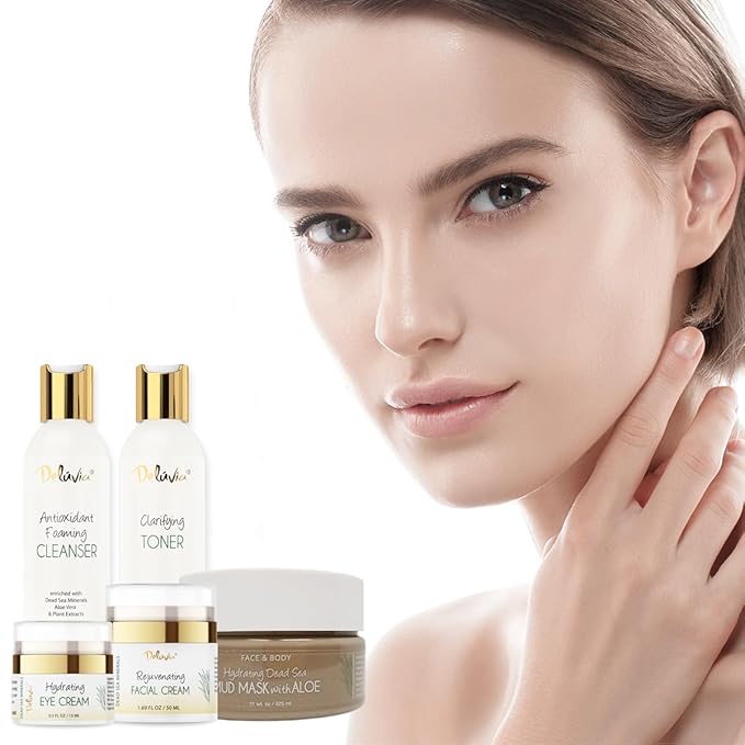 Deluvia Premium Facial Kit, Skin Care Products Set, Gentle Foaming Cleanser Face Wash, Clarifying Facial Toner, Face Moisturizer, Hydrating Under Eye Cream, Dead Sea Mud Mask