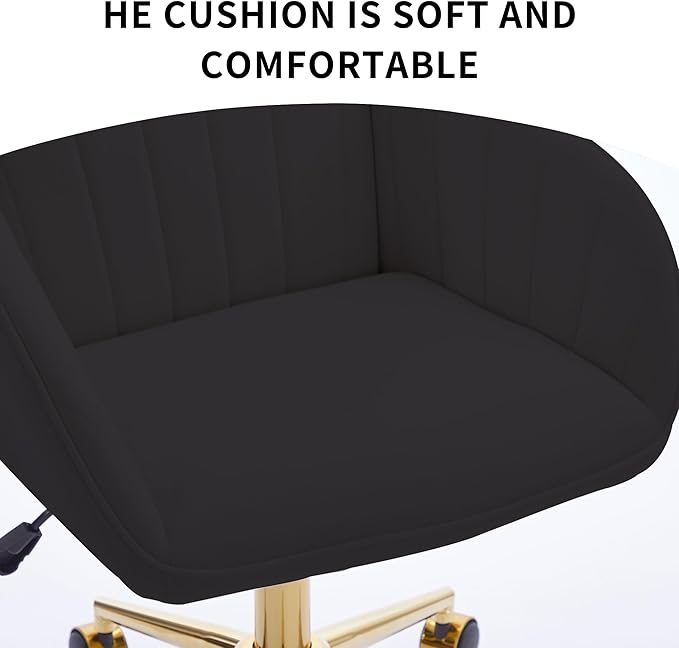 YITAI Velvet Office Desk Chair with Wheels and Gold Base,Modern Height Adjustable 360 Degree Swivel Upholstered Vanity Chairs with Arms for Living Room Bedroom, Study,Black