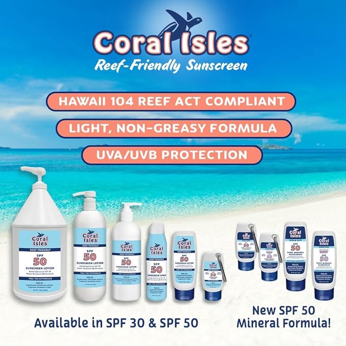 Coral Isles KIDS Sunscreen SPF 50 | 16 Fl OZ Botlle w/Pump | Hawaii Compliant as Reef Safe | Octinoxate & Oxybenzone Free | Broad Spectrum UVA/UVB | Water Resistant 80 Min.