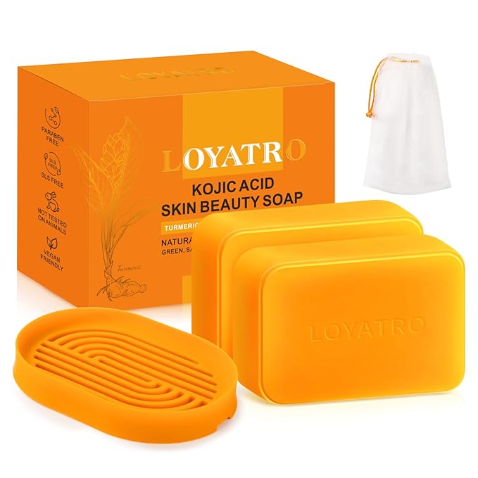 Kojic Acid Turmeric Soap Bar Dark Spots for Face & Body, Deep Cleansing, Gentle Soap Sensitive Skin Formula, All Skin Types 2Pack with Dish