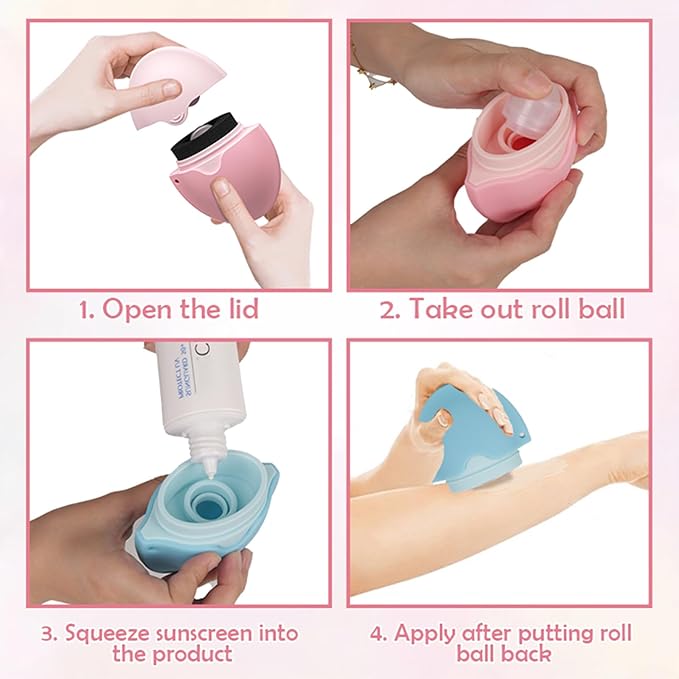 Sunscreen Applicator For Kids, Roll on Sponge Applicator for Sunscreen -Sunblock Buddy Brush Set with Protective Caps, Sun Lotion Applicator Sun Cream Brush for Adults & Families Travel, Pink