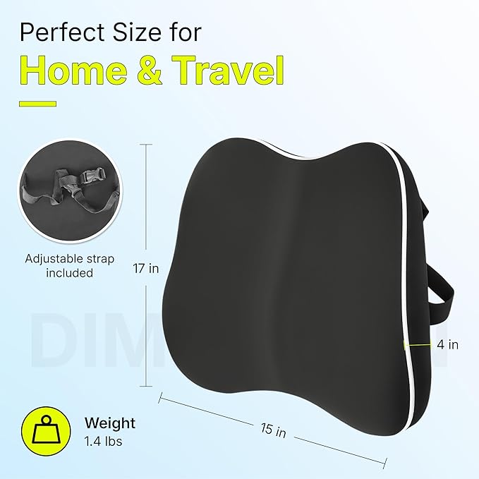 Teemtan Lumbar Support Pillow for Office Chair & Car – Ergonomic Memory Foam Back Cushion with Cooling Cover & Adjustable Strap – Support for Better Posture and Sitting Comfort