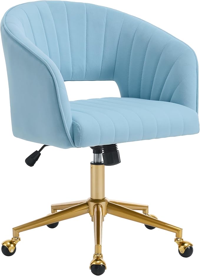 Home Office Chair Swivel Velvet Desk Chair Accent Armchair Upholstered Modern Tufted Chairs with Gold Base for Girls Women Ergonomic Study Seat Computer Task Stools for Living Room(Blue)