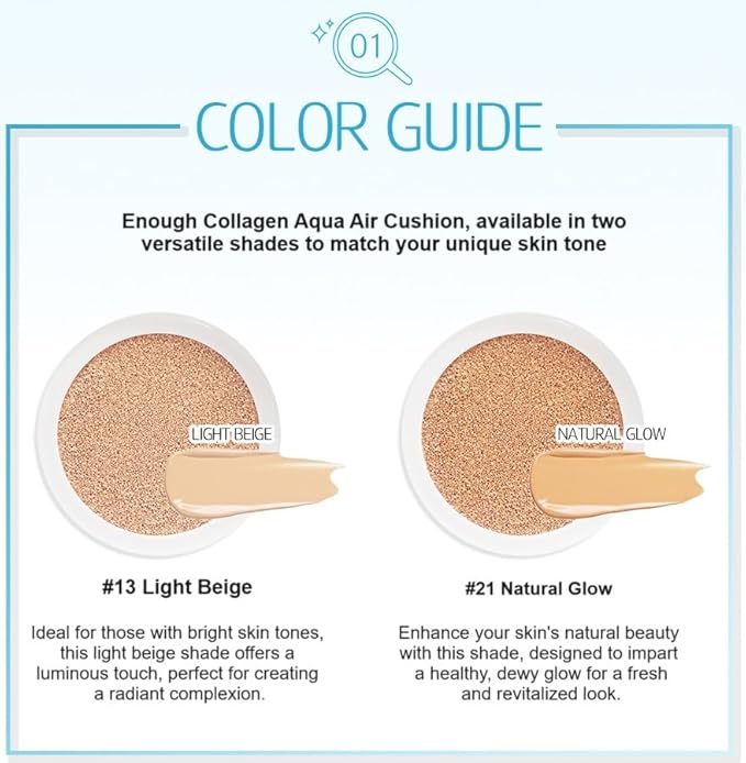 ENOUGH Collagen Aqua Air Cushion SPF 50, Full Coverage Hydrating Foundation Makeup, Tinted Moisturizer Sunscreen, Korean Skin Care Cosmetics for Women, Dewy Finish & Collagen Boost (#21 Natural glow)