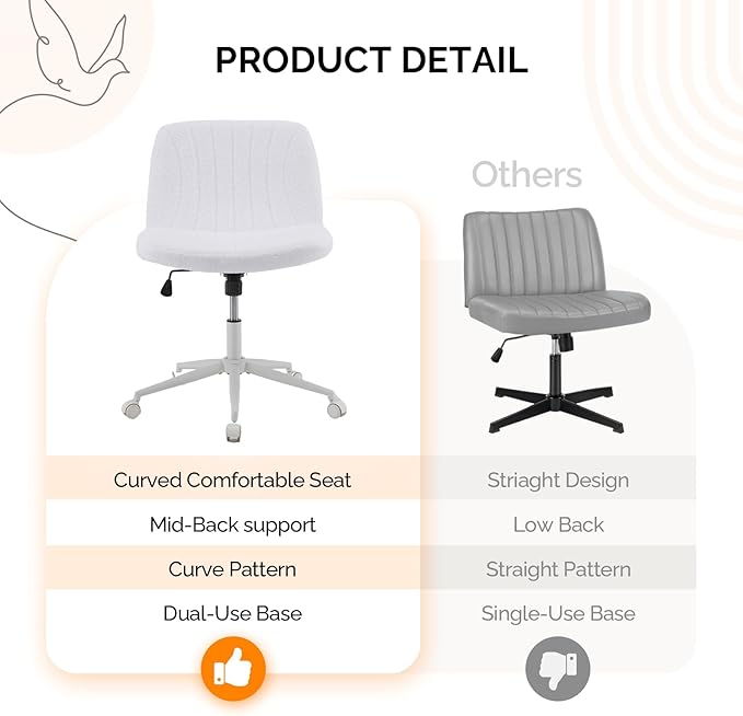 VINGLI Criss Cross Legged Chair,Wide Comfy Office Desk Chair,Dual-Use with/no Wheels Computer Task Chair,Swivel Armless Vanity Boucle Chair for Study,Make Up,Home Office,Teddy Fleece,White