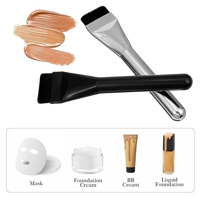 2 Pcs Foundation Brush Tapping Korean Flat Brush Spatula Flat Top Facial Brushes for Liquid Foundations Mask Premium Face Brushes for Blending Cream (Black Silver)