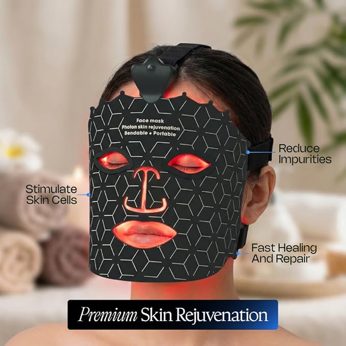 Red Light Face Therapy Mask - Flexible Silicone LED Facial Device for Skin Rejuvenation - Wireless & Rechargeable Home Skincare Tool - Black