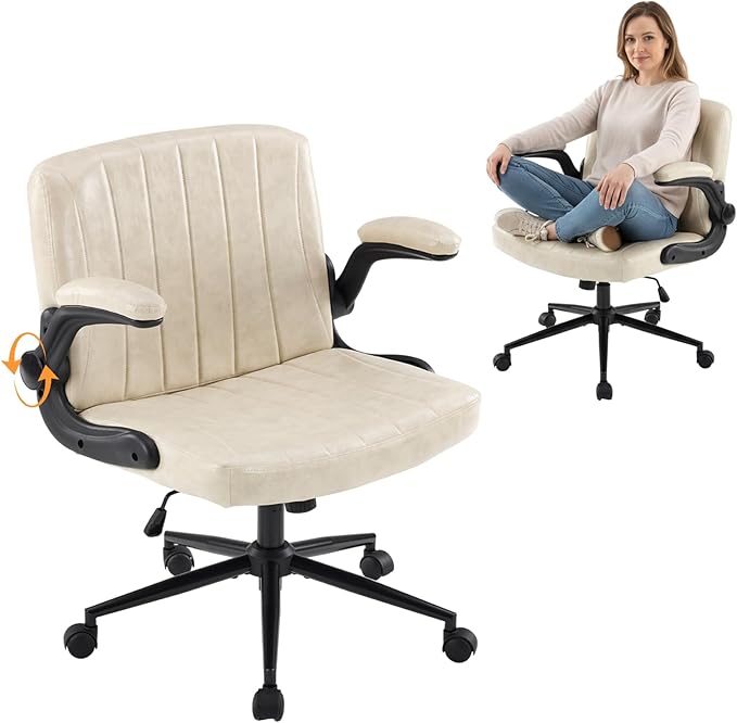 VINGLI Criss Cross Chair with Adjustable Flip-Up Arms,Cross Legged Chair with Wheels, Extra Wide Office Chair,Comfortable Desk Chair for Home Office, Vanity, Bedroom, PU Leather,Ivory White