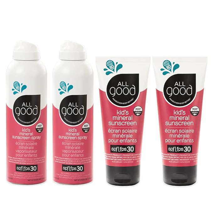 All Good Baby & Kids Mineral Face & Body Sunscreen - UVA/UVB Broad Spectrum, Coral Reef Friendly, Water Resistant, Zinc Oxide - 30 SPF (2) Sprays & (2) Lotions