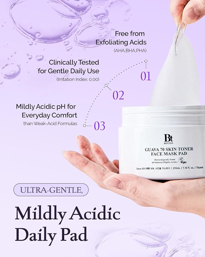 BENTON Guava 70 Skin Toner Face Mask Pad Moisturizer Hyaluronic Acid Soothing Calming Relief Pore Care for Dry Sensitive, All Skin Types Dewy Luminous Skin, Non-Drying Toner Pads, Korean Skin Care