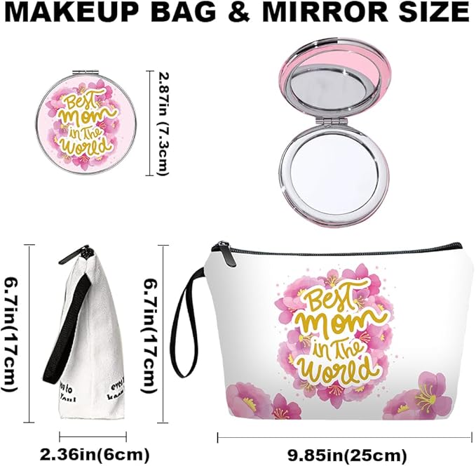 Personalized Best mom Makeup Bag set with Mirror for Women,Mama travel Cosmetic bag kit with10 pieces pink brush set, Mom Gifts From Daughter sons for Mother