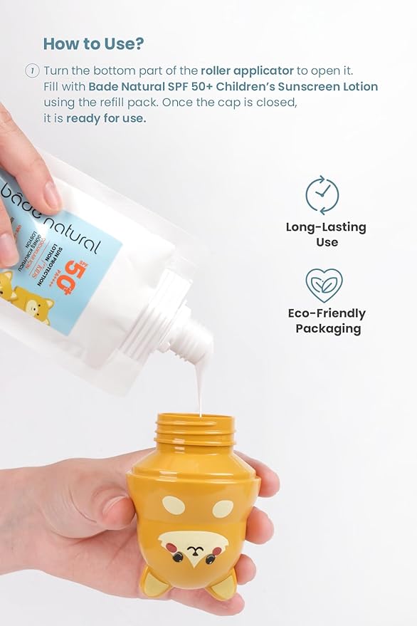Bade Natural Refillable Bear-Shaped Sunscreen Applicator for Kids – 3.7 fl oz Roll-On Bottle – Empty, Reusable Dispenser for SPF Lotion – Soft Applicator Tip, Travel-Friendly
