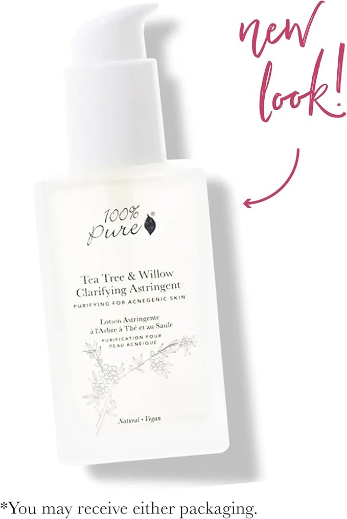 100% PURE Tea Tree & Willow Clarifying Astringent - Purify, Soothe & Nourish Acne Breakouts & Blemishes Without Stripping for Oily, Combination Skin Types - Alcohol Free, Hydrating Toner - 4 Fl Oz