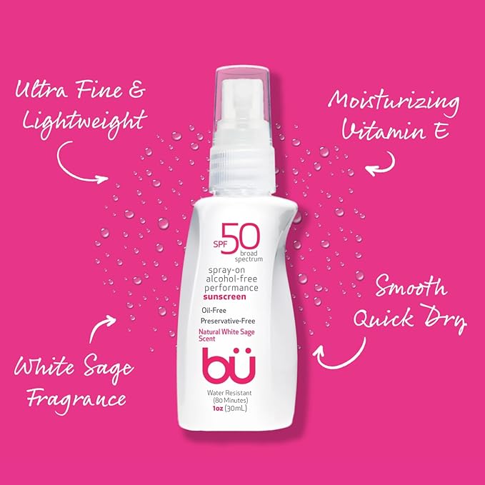BU SPF 50 Sunscreen Spray for Face and Body, 2-Pack with 3.3 oz Fragrance Free and 1 oz White Sage, Clear, Non Greasy, Water Resistant