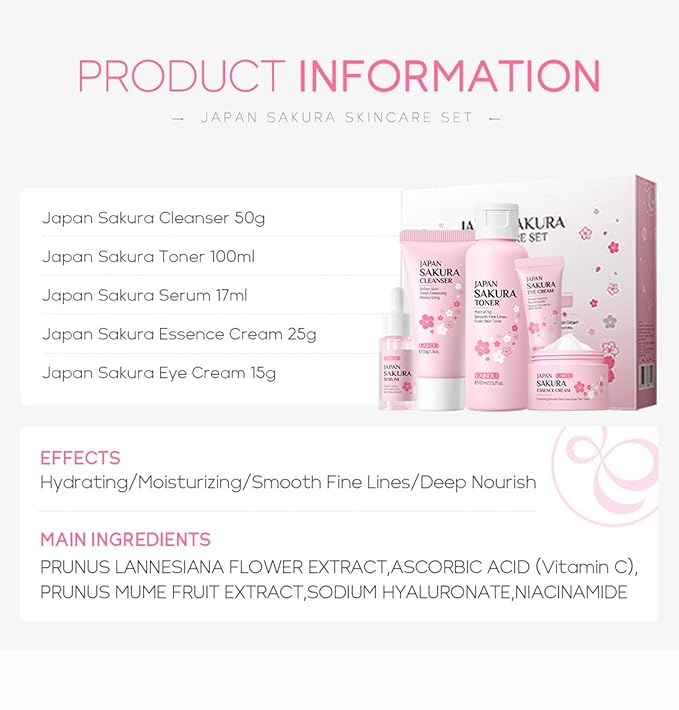 Skincare Set for Women, Skin Moisturizing Kit SAKURA Clean & Care for Teen Girls, Travel Daily Hydration Glowing Kit| Cleanser Toner Serum Eye Cream Face Cream (5PCS)