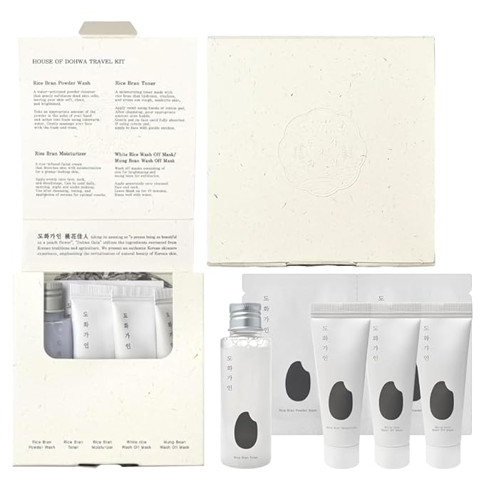 Travel Kit – Essential TSA Friendly Skincare Sample Set – Gentle Exfoliating Cleanser, Hydrating Toner, Moisturising Cream, 2 Wash Off Masks – Product of Korea