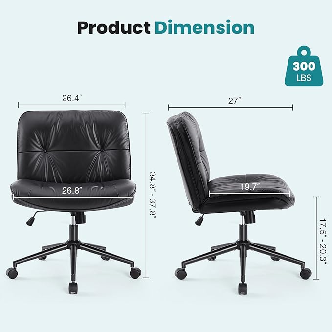 OLIXIS Criss Cross Chair with Wheels Armless Wide Cross Legged Vanity Office Desk Chair with Comfy PU Leather& Back - Swivel for Home Office Bedroom, Black