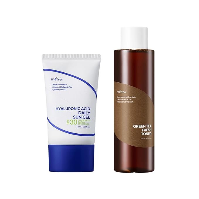 ISNTREE Hyaluronic Acid Daily Sun Gel 50ml, 1.69 fl oz + Green Tea Fresh Toner 200ml, 6.76 fl oz