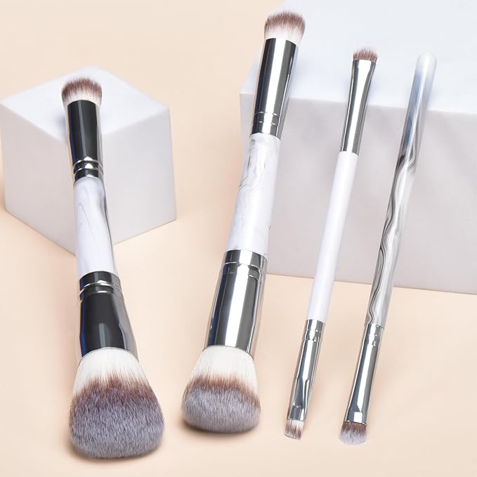 Grey Makeup Brushes set, 4 Dual-Ended Brushes, 3 Makeup Sponges & 1 Metal Stand, Professional Complete Cosmetic Brush Set, for Foundation Powder Blush Eyeshadow