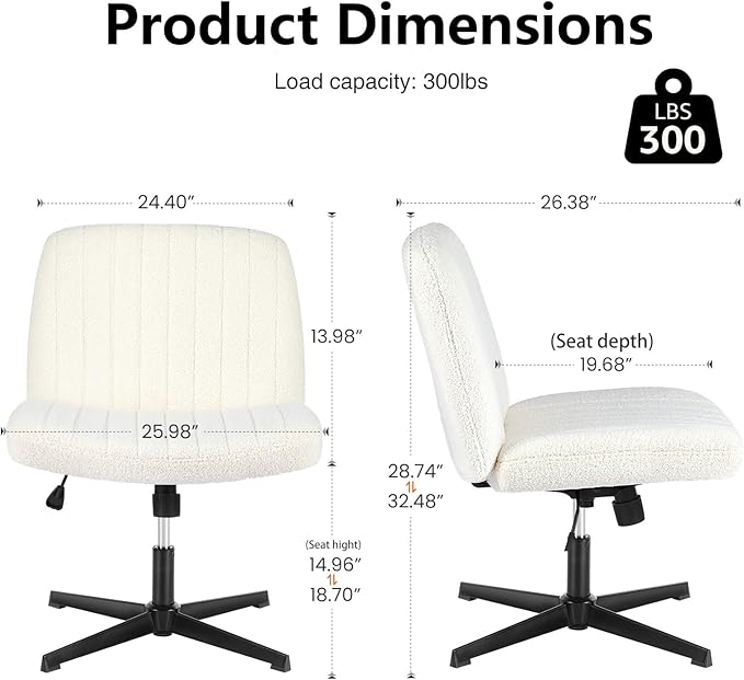 Sweetcrispy Criss Cross Chair Legged, Armless Office Swivel Desk Chair No Wheels, Vanity Height Adjustable Wide Seat Comfy Cute Computer Task Seating for Home Bedroom