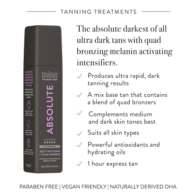 Minetan Self Tan Foam | Absolute - 1 Hour Express, Best Dark Sunless Tanning Mousse for the Darkest Bronze Skin Finish, Face & Body Fake Tanner, Ultra Hydrating Glow, Vegan & Paraben Free, 6.7 Fl Oz