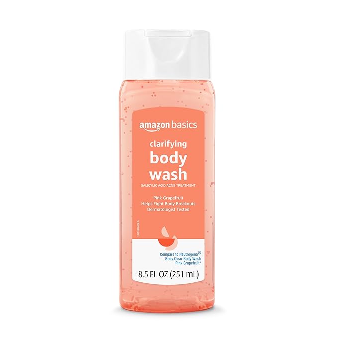 Amazon Basics Clarifying Pink Grapefruit Body Wash, 2% Salicylic Acid Acne Treatment, Foaming, Refreshing, Prevents Breakouts, Dermatologist Tested, 8.5 fl oz, 4-Pack (Previously Solimo)