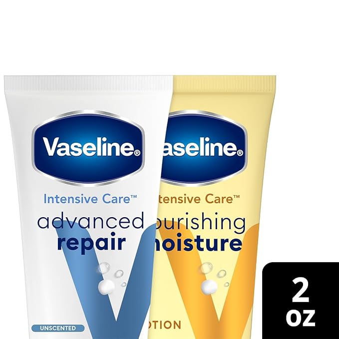 Vaseline Intensive Care Lotion Bundle – Advanced Repair Unscented Formula and Nourishing Moisture Hand and Body for Extremely Dry Skin, 2 OZ Ea (2 Piece Set)