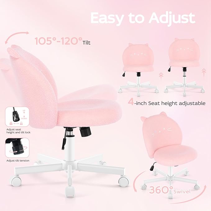 Vanity Chair with Cat Back,Armless Desk Chair Cute Small Office Chair,Teddy Fabric Computer Chair with Adjustable Height,120°Tilting,Rolling,Swivel for Vanity,Kids Room,Office,Bedroom Pink