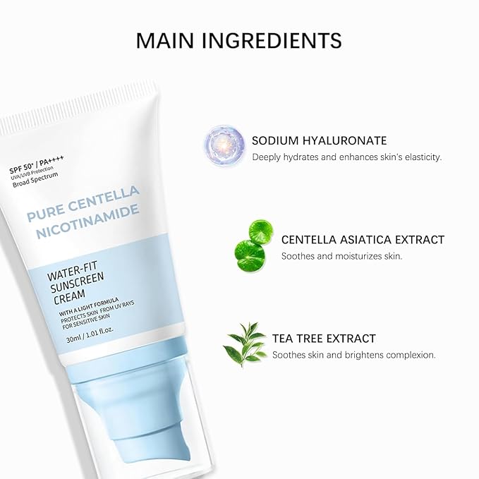 Water-Fit 𝑪𝒆𝒏𝒕𝒆𝒍𝒍𝒂 Sunscreen Cream SPF 50+ PA++++ | Hydrating Formula with 𝑪𝒆𝒏𝒕𝒆𝒍𝒍𝒂 & Tea Tree Extract for Sensitive Skin | Lightweight, Non-Greasy | 30ml / 1.01 fl. oz (1)