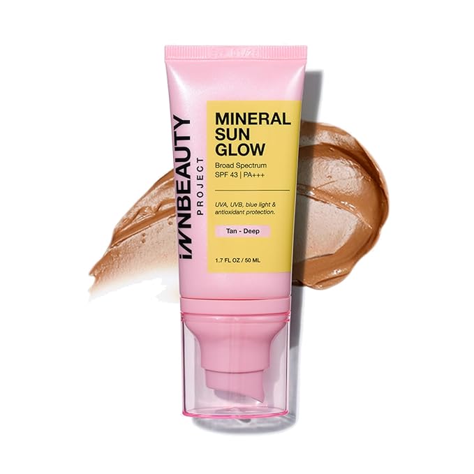 INNBEAUTY Project Mineral Sun Glow Broad Spectrum Sunscreen SPF 43 PA+++ with Peptides, Tan-Deep Tint, 1.7 OZ (50ml)