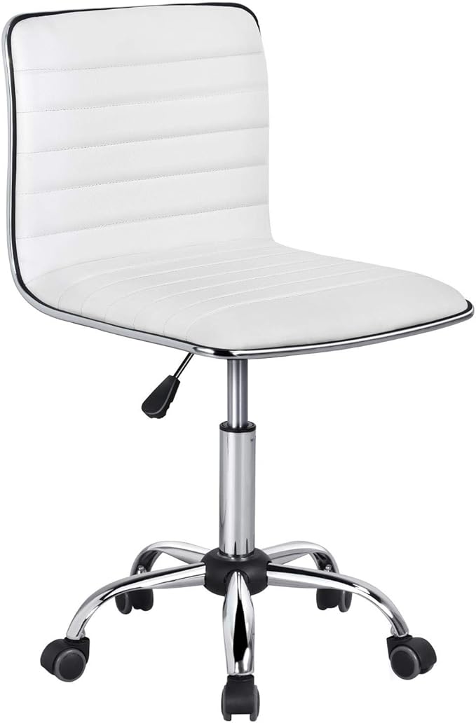 Yaheetech Adjustable Task Chair PU Leather Low Back Ribbed Armless Swivel White Desk Chair Office Chair Wheels