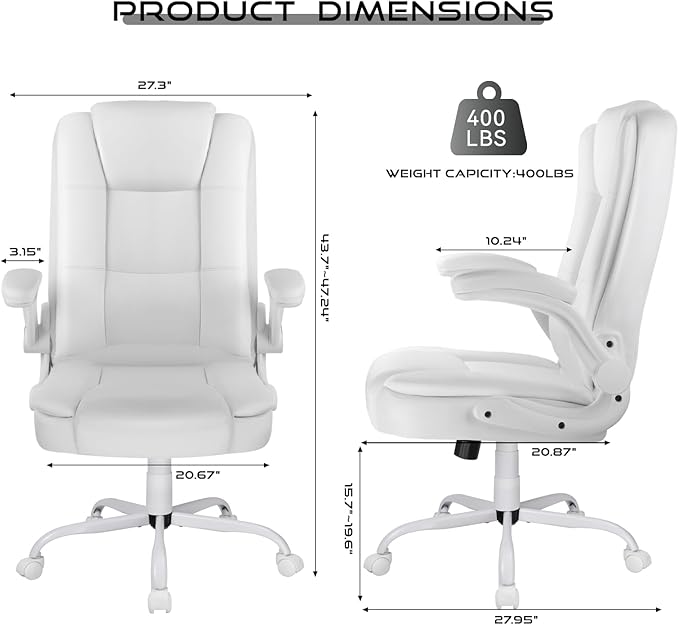 VITESSE Ergonomic Office Chair with Flip-up Armrests, Big and Tall Leather Executive Office Chair, High Back Lumbar Support Home Computer Desk Chair, Heavy and Duty Computer Chair (White)