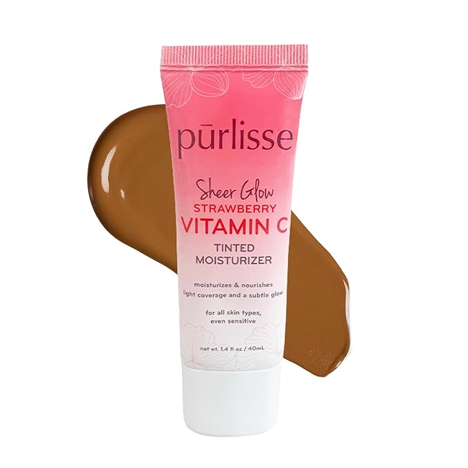 pūrlisse Sheer Glow Strawberry Vitamin C Tinted Moisturizer - Skin Tint Moisturizer Enriched with Antioxidants to Even Complexion - Dewy Light Coverage for All Skin Types - Deep (1.4 oz)