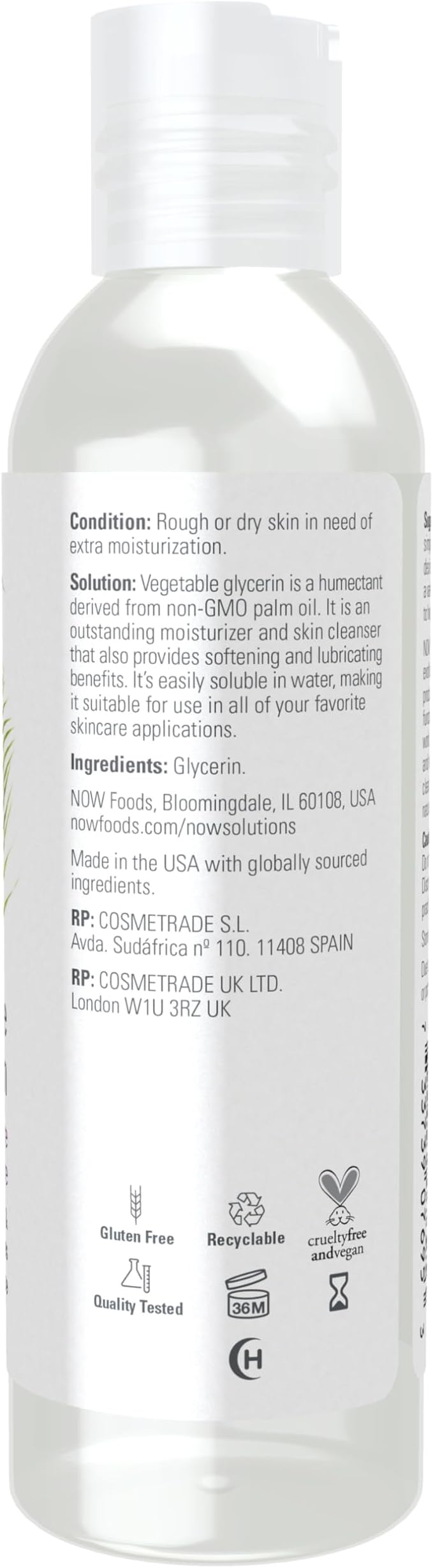 NOW Solutions, Vegetable Glycerin, 100% Pure, Versatile Skin Care, Softening and Moisturizing, 4-Ounce