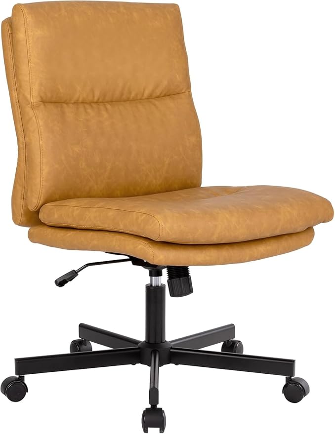 LUCKWIND Armless Office Desk Chair with Wheels, Double Padded PU-Leather Chairs, Mid-Back Criss Cross Swivel Task Chair, Height Adjustable Cushioned Vanity Chair for Home, Office & Bedroom (Yellow)