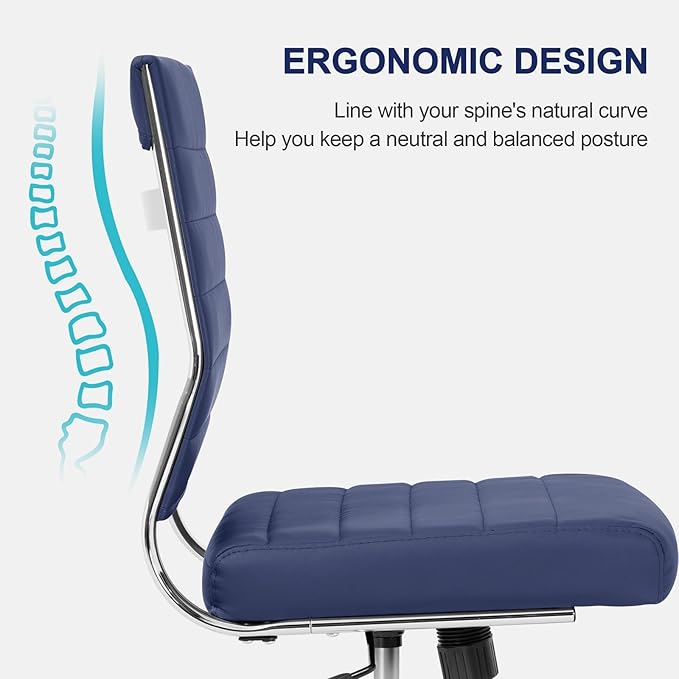 Okeysen Armless Office Desk Chair, Mid Back Ergonomic Swivel Conference Room Chair, Adjustable Height PU Leather Home Desk Chair, Modern Small Rolling Computer Task Chair, Navy Blue