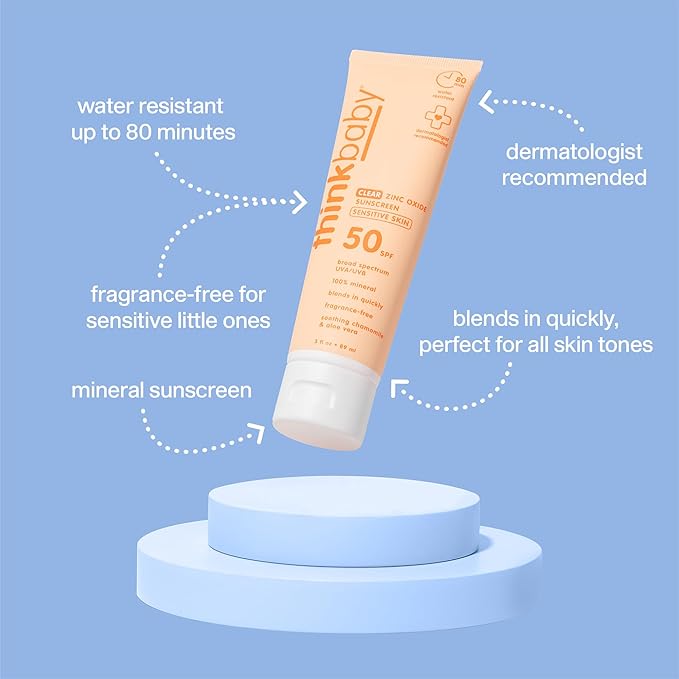 Thinkbaby Baby Sunscreen for Sensitive Skin, 3 Fl Oz, SPF 50 Clear Zinc Oxide Baby Mineral Sunscreen, Broad Spectrum UVA/UVB Protection, Natural, Water Resistant, Reef Safe, Vegan | Natural, Water Resistant, Reef Safe, Vegan