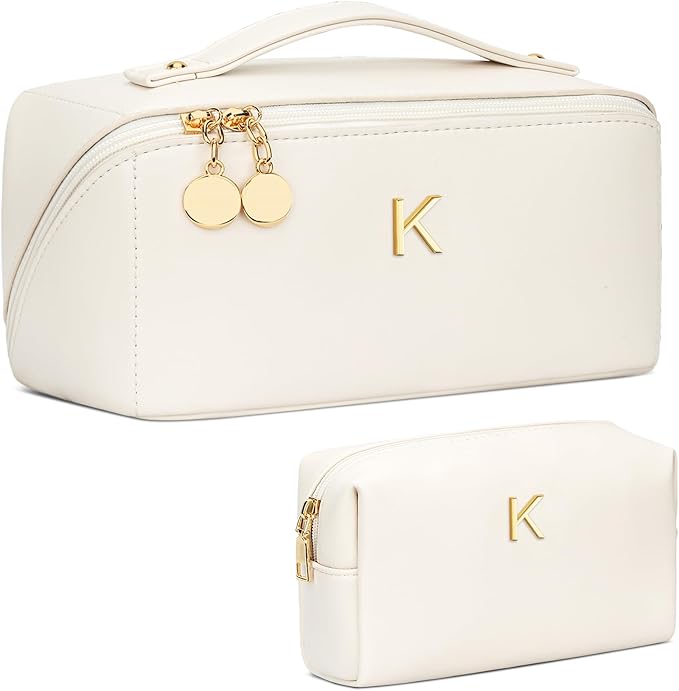 Birthday Gifts for Women Teen Girl, Personalized Initial Makeup Organizer Bag Set, Open Flat Travel Cosmetic Bag With Clear Divider and Handle(Large-Beige,K)