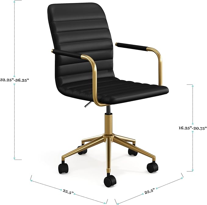 Martha Stewart Taytum Swivel Task Chair with Armrests for Home Office in Black Faux Leather with Polished Brass Frame