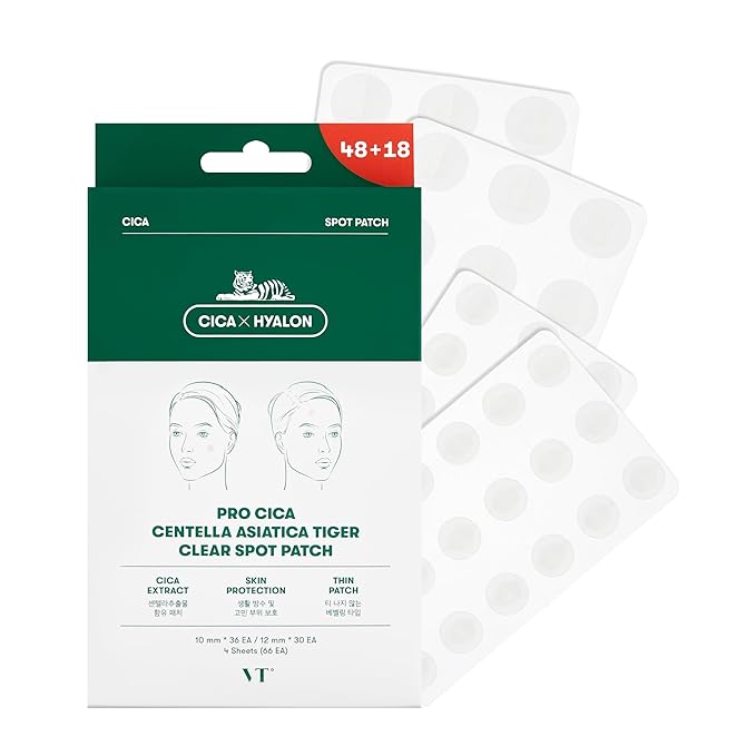 VT COSMETICS Pro Cica Pimple Patches (66 Count) - Hydrocolloid Acne Patches with Centella for Calm & Repair, Invisible Zit Stickers for Face & Blemish Spot Treatment, 2 Sizes, Korean Skincare