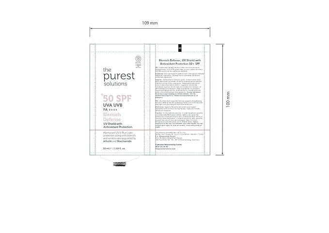 The Purest Solutions Blemish Defense (UV Shield with Antioxidant Protection SPF 50+) - 8h UVA Protection, Arbutin & Niacinamide for Skin Tone Harmonization and Moisturizers - Vegan (50 ml)