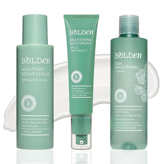 Bolden Face Care Pack of 3 Bundle – Skin Brightening Toner with Glycolic Acid, Vitamin C Moisturizer SPF 30 & Nighttime Repair Serum for Dark Spots, Oily & Acne-Prone Skin