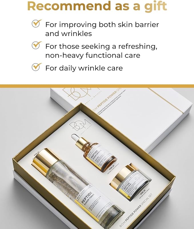 BOM Cosmetics A Set of Peptide Power Skincare with 3 Kinds of Items (Toner, Ampoule, Cream), 24K Gold & Pentapeptide for Skin Collagen Boost, Smoothness and Long-Lasting Moisture, Korean Skincare
