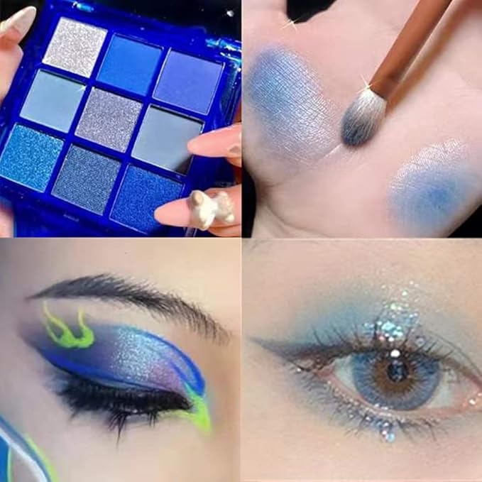 Go Ho 9 Style Blue Grey White Powder Makeup Eyeshadow Palette,Matte & Pearl Shimmer Design Waterproof Cool Blue Eye Eyeshadow Palette for Women&Girls