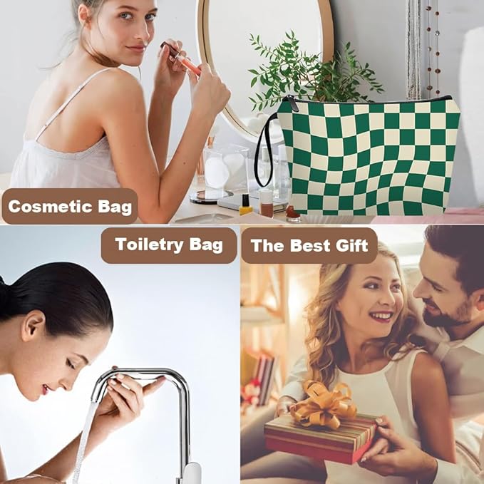 Personalized Green Checkered Makeup Bag set with Mirror for Women,Checkered travel Cosmetic bag kit with10 pieces pink brush set,Green Plaid bag Gifts for Mom Girls femal Friends