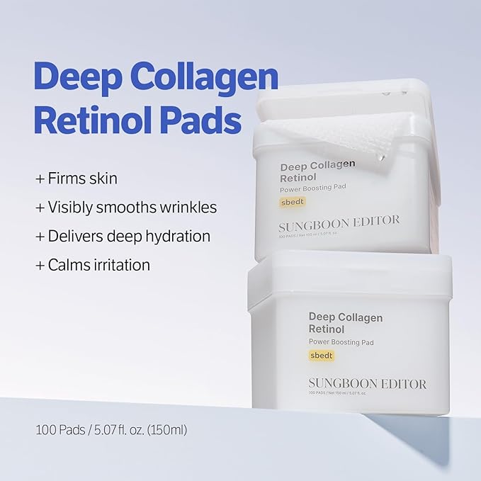 SUNGBOON EDITOR Deep Collagen Retinol Power Boosting Pads | Deep Hydration, Skin Elasticity Care for Dry Skin, Fine Lines | Korean Moisturizer, Korean Skincare, Toner Pads – 100 Count