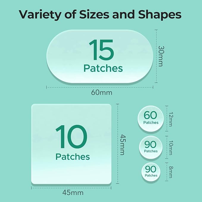 TKTK Large Pimple Patches for Face, 60 x 30 mm XL Acne Patches, Big Hydrocolloid Bandages for Body, Back, Forehead, Chin, Neck Blemish Zit Breakouts (Oval, Square, Dot 5 Sizes 265 Count)